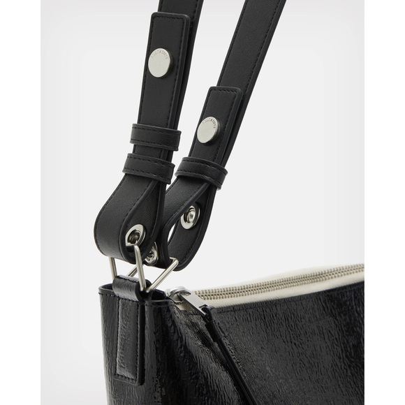 AllSaints Leather Convertible Crossbody Bag NWT Black Shine - Picture 4 of 7